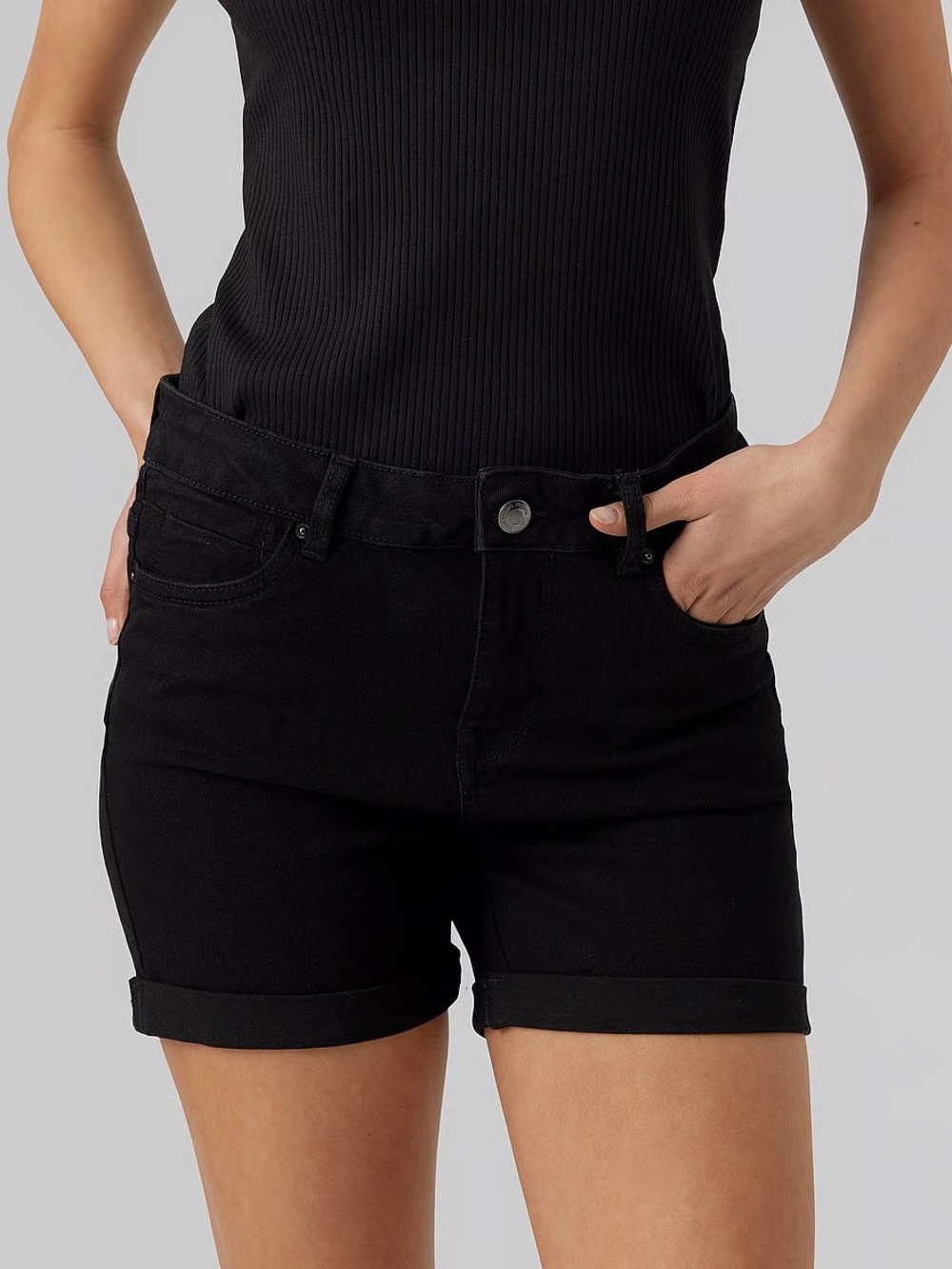 Vero Moda Black High-Rise Cuffed Denim Shorts